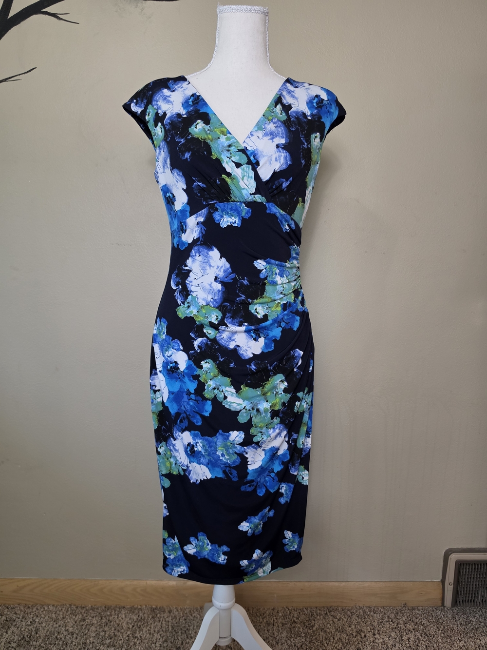 Lauren Ralph Lauren Blue Floral Ruched Sheath Dress | Size 4 |